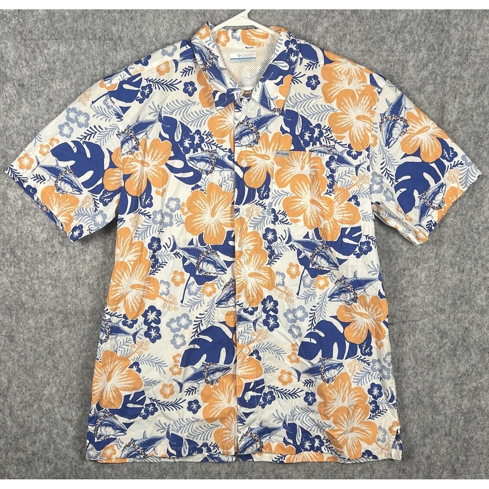 Columbia Trollers Best PFG Shirt XL All Over Hawaiian Fishing Print Vented